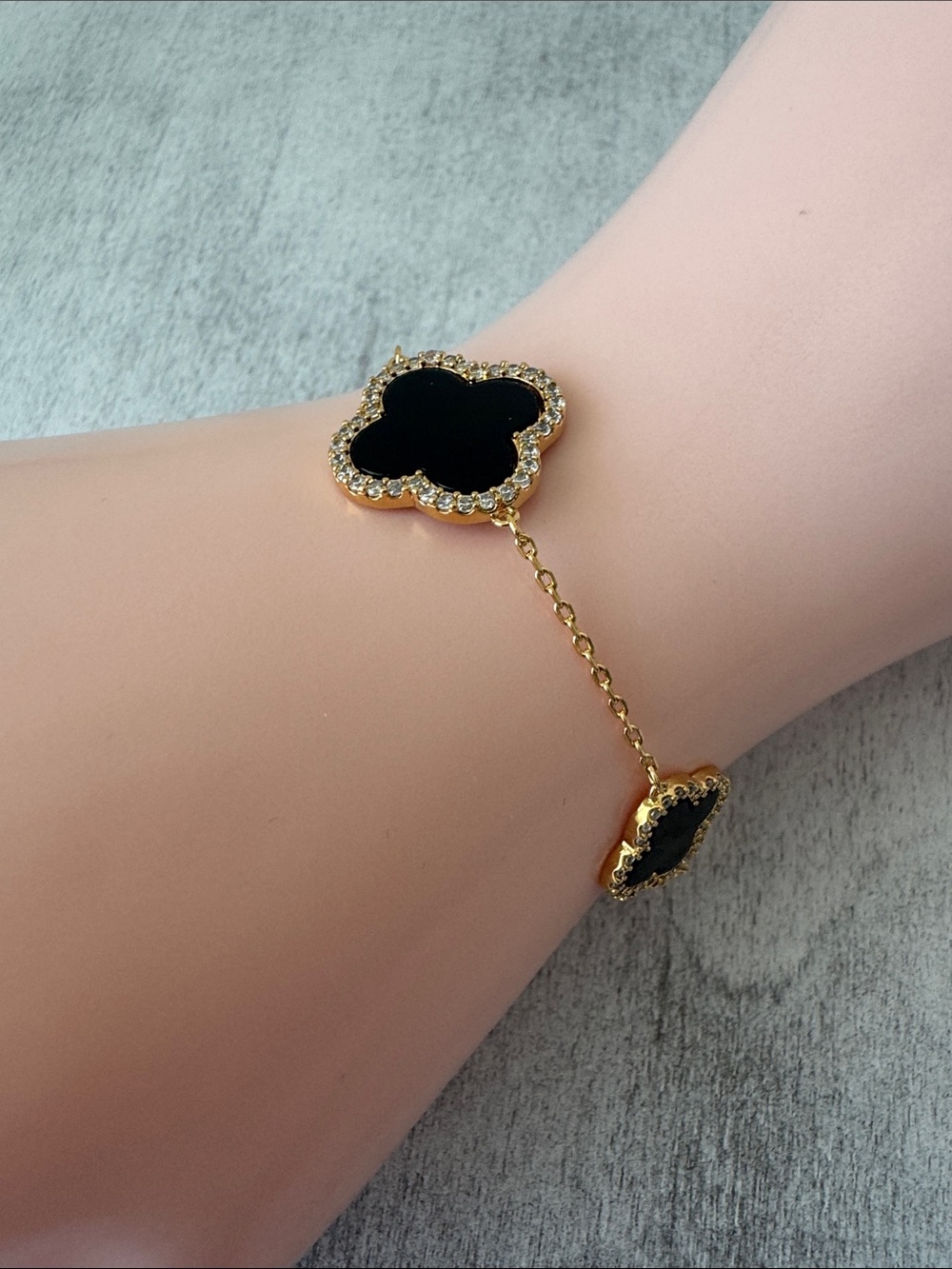 Rachel Zoe 14K Gold Plated Brass Pave 3 Clover Onyx Bracelet - Picture 2 of 9
